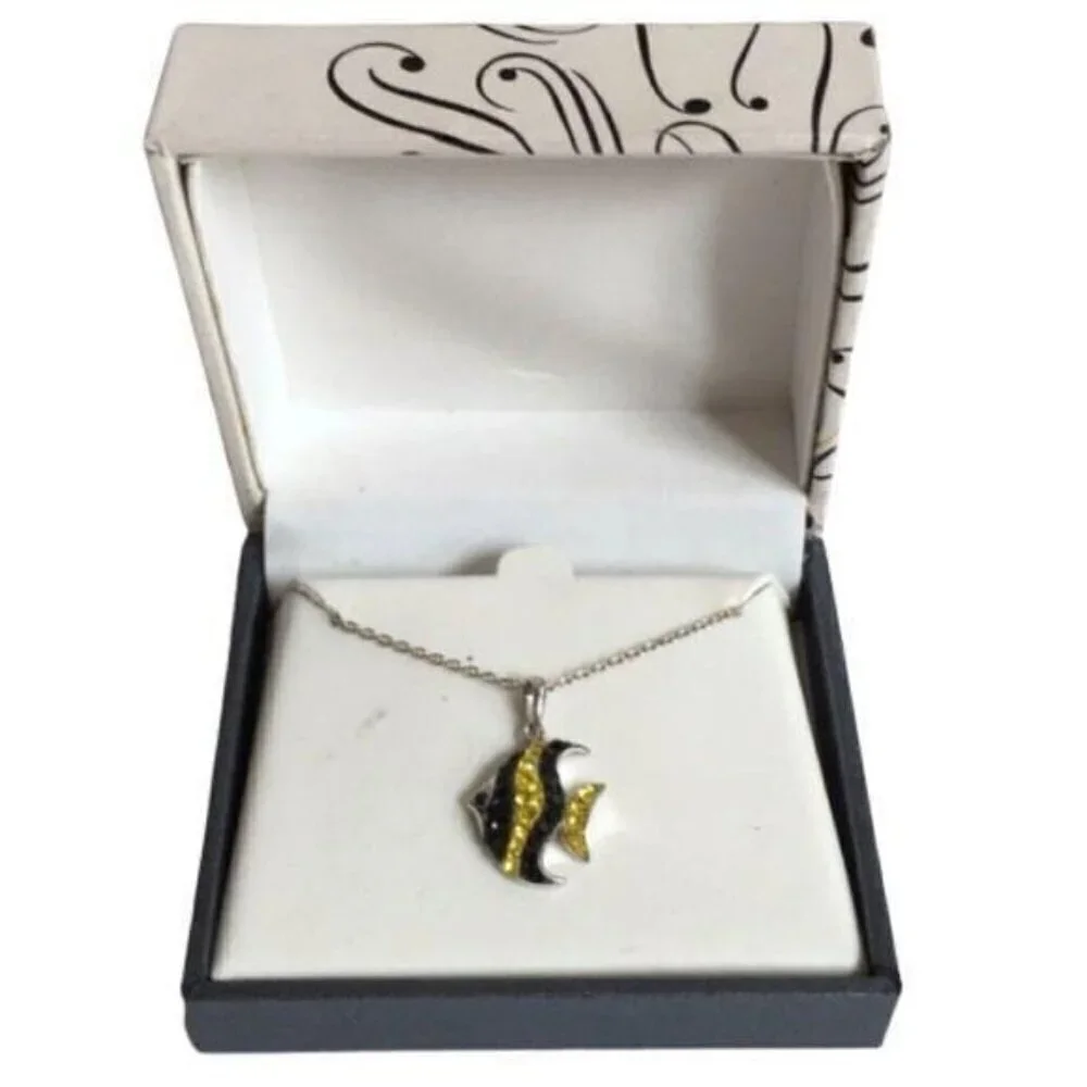 NEW Black & Yellow CZ Crystal Fish Necklace - Picture 2 of 6
